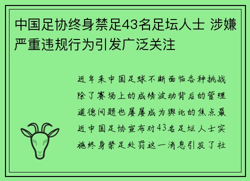 中国足协终身禁足43名足坛人士 涉嫌严重违规行为引发广泛关注